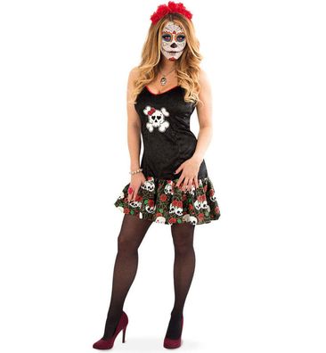 narrenwelt Kostüm Sweet Skull-Kleid Mini-Rock Gr. 36-42 Halloween Damen Fasching