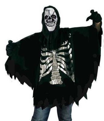 narrenwelt Kostüm Silver Skull Umhang Skelett mit Haube Halloween Kinder 128-164