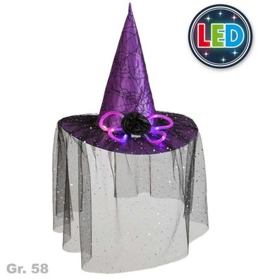 narrenwelt Hexenhut lila mit Schleier und LED Hexen Hut für Halloween Accessoire