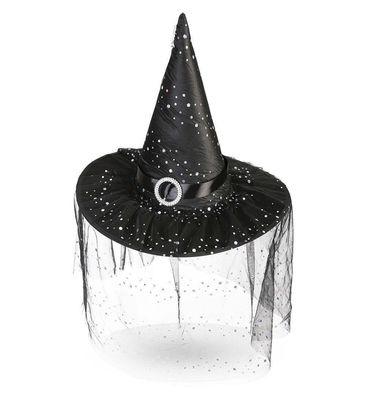 narrenwelt Hexenhut schwarz mit Schnalle und Tüll Hexen Hut Halloween 58 cm