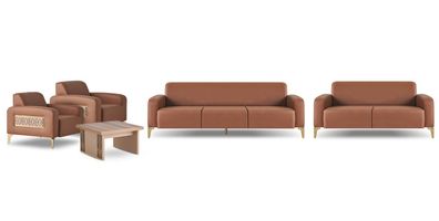 Sofa-Set 3-Sitzer 2-Sitzer Sessel Couchtisch Braun Modern Ledersofas