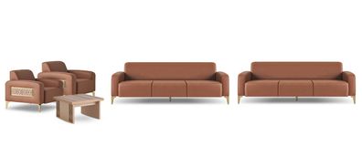 Sofa-Set Braun Ledersofas 3-Sitzer Sessel Couchtisch Modern Leder Holz