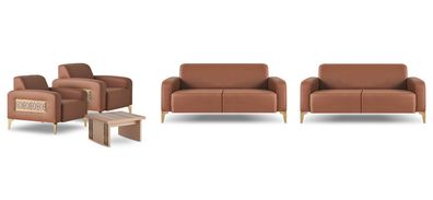 Sofagarnituren 2-Sitzer Sofa-Set Sessel Couchtisch Braun Ledersofas Holz