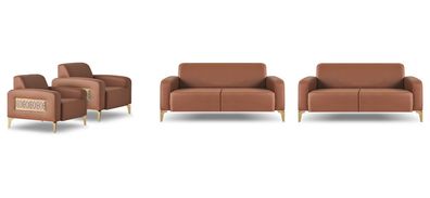 Sofa-Set 2-Sitzer Sessel Braun Edelstahl Leder Modern Holz Sofas Couch