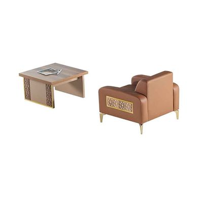 Sessel Couchtisch Set Braun Lehnsessel Quadratisch Leder Holz 1-Sitzer