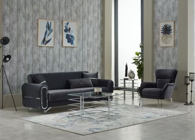 Garnitur Sofagarnitur Couch Polstersofa Dreisitzer Sessel Grau 2Tlg