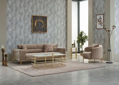 Sofagarnitur Polstersofa Dreisitzer Stoffsofa Sessel Beige Sofa 2Tlg