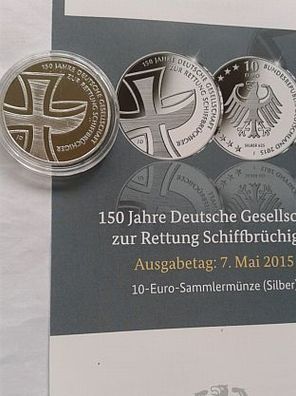 10 euro 2015 PP Deutschland Silber Gesellschaft zur Rettung Schiffbrüchiger mit Flyer