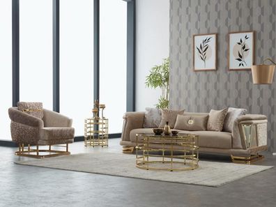 Komplette Couchgarnitur Polstersofa Dreisitzer Stoffsofa Sessel Beige