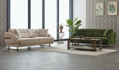 Stoffsofa Garnitur Dreisitzer Sofa Polstersofa Couch Beige Grün Stoff