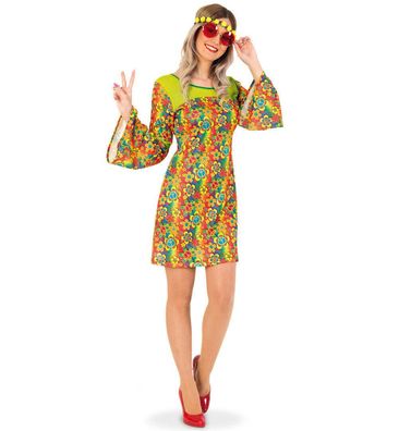 narrenwelt Kostüm Hippie SUMMER Kleid mit Trompetenärmeln Damen Fasching 38 - 44