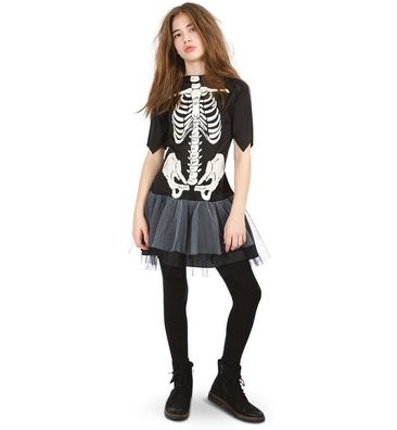 narrenwelt Kostüm Bones Kleid Halloween Skelett Mädchen Teenie 140 - 164