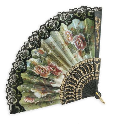 narrenwelt Fächer schwarz mit Rosen und Goldbordüre