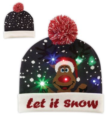 narrenwelt Weihnachtsmütze blinkend Strickmütze schwarz Motiv Elch Nikolausmütze