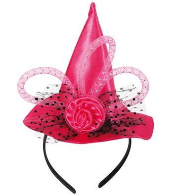 narrenwelt Haarreif Hexenhut pink Minihut mit Rose Fascinator Halloween