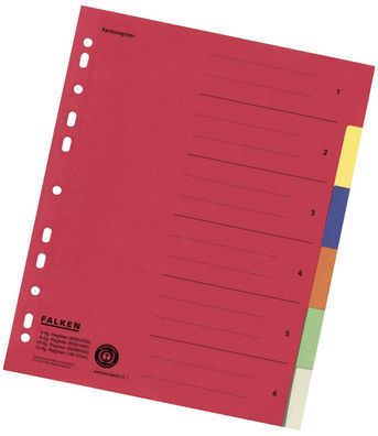 Falken 80001993 Zahlenregister - 1-6, Karton farbig, A4, 6 Farben, gelocht mit