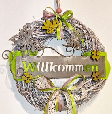 Türkranz frühling sommer herbst willkommen kranz grau türdeko vintage natur 30cm