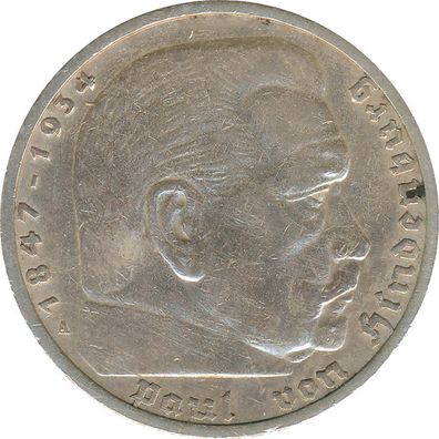 Drittes Reich 5 Mark 1935 A Paul von Hindenburg Silber*