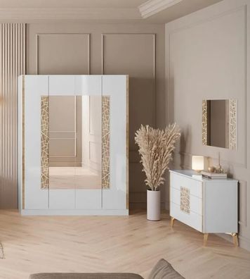 Kleiderschrank Kommode Spiegel Weiß Gold Siebdruck Hochglanz Schlafzimmer
