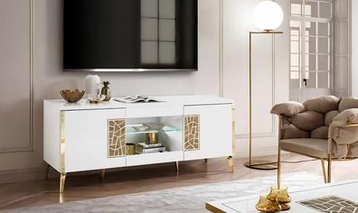 Tv-Ständer Sideboard Tv Schrank Weiß Gold Siebdruck Tv Möbel Holz Glas