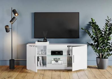 Tv Ständer Mit Led Beleuchtet Fernsehschrank Sideboard Weiß Holz Glas