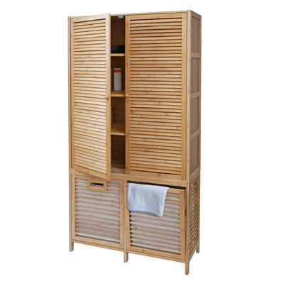 Bambus Badezimmerschrank HWC-N83, Regal Schrank, 2 Wäschekörbe Türen FSC® 168x82x34cm