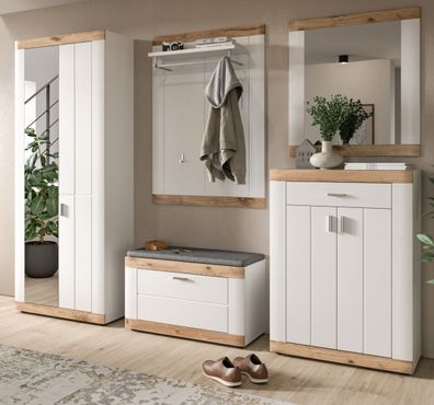 Garderobe Set 5-teilig "Sopela" weiß und Nox Eiche Landhaus Flurgarderobe 260 x 193