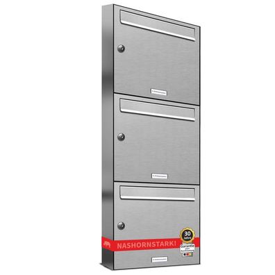 3er Premium V2A Edelstahl Briefkasten Anlage Außen Wand Design Postkasten 1x3 S