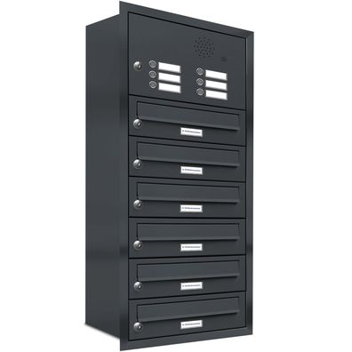 6er Premium Briefkasten Unterputz Anthrazit mit Klingel 6 Fach Postkasten 1x6