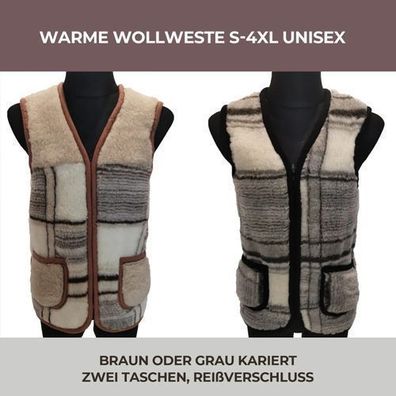 Warme Weste - Wollweste aus Echter Schafwolle Damen Herren grau/braun kariert