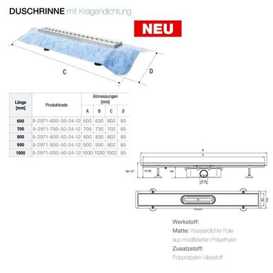 Edelstahl Duschrinne, Abdeckung Fliese befliesbar, komplett Set inkl. Dichtvlies