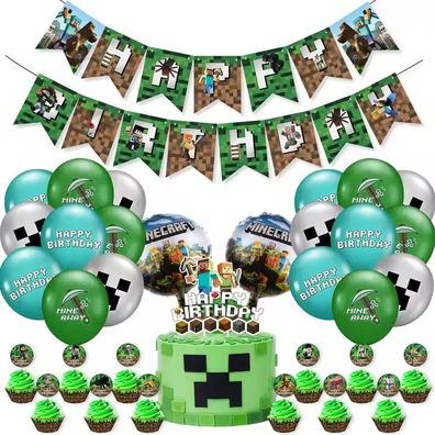 Minecraft Geburtstagsdeko Set - Banner, 20 Ballons & Kuchenaufsätze