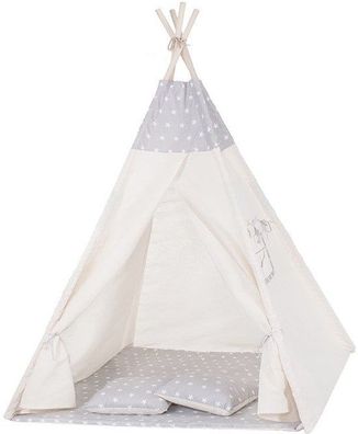 Stilvolle Tipi-Zelt fürs Kinderzimmer - Naturbaumwolle & Kiefernholz - Beige & Grau