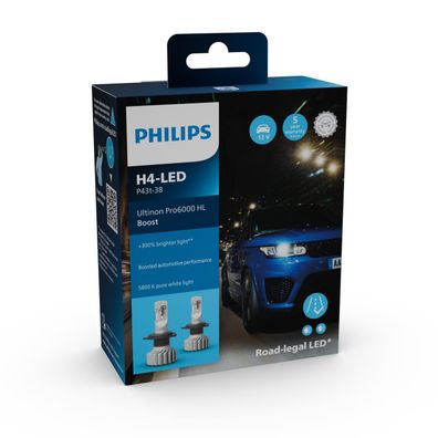 Philips H4 12V 18W Ultinon Pro6000 Boost 5800K + 300% mit Straßenzulassung 2St