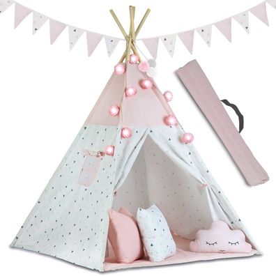 Komplette Tipi Wigwam Set - Mit Lichtern, Girlanden und 3 Kissen