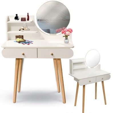 Moderner weißer Schminktisch mit rundem Spiegel und Schubladen - 80x40x122 cm
