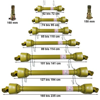 Zapfwelle Kardan Gelenk Antriebs Welle 7 Größen Traktor Verlängerung 1 3/8" 6 Z