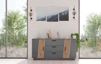 Platina 084 Sideboard Front Grau Dekor Lamellen Artisan Eiche Korpus Grau