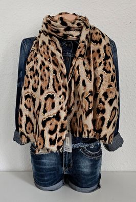 Blogger XXL Schal Tuch Halstuch Animalprint Leo Metallic Rand Beige/Schwarz/Gold