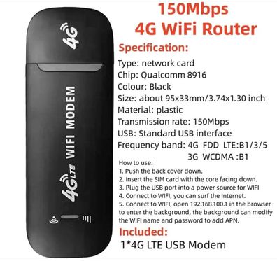 4G LTE WLAN USB Router Mobiles WIFI Hotspot Modem Auto Stick SIM Portabel Internet