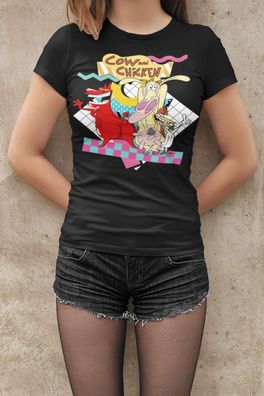 Retro Lustige Cow Chicken Huhn Kuh Comic Damen T-Shirt Tailliert Bio-Baumwolle