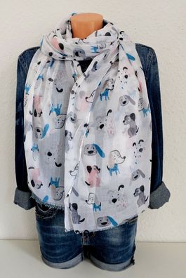 Blogger XXL Schal Tuch Halstuch bunter Hundeprint Viskose/Baumwolle Weiß/Bunt