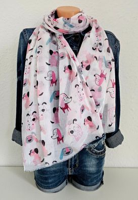 Blogger XXL Schal Tuch Halstuch bunter Hundeprint Viskose/Baumwolle Weiß/Pink