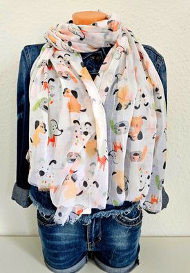 Blogger XXL Schal Tuch Halstuch bunter Hundeprint Viskose/Baumwolle Weiß/Orange