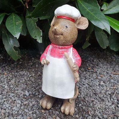 Gartenfigur Deko Maus mit Nudelholz 18 cm