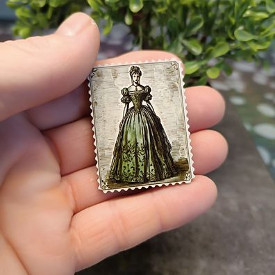 Briefmarke Retro, Frau, Brosche Anstecker Pin vintage Acryl Lasercut