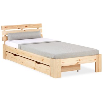 Einzelbett mit Bettkasten 90x200 Holzbett Futonbett Natur Kiefer Bett Bettgestell