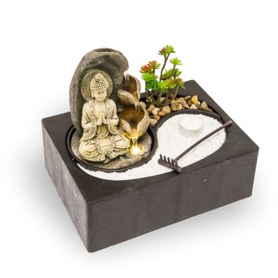 Zimmerbrunnen mit LED-Beleuchtung und Buddha, Feng Shui Dekobrunnen mit kleinem ZEN G