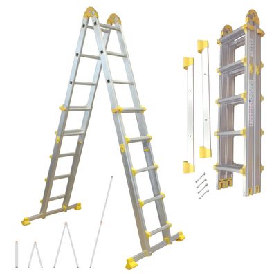 Alu Teleskopleiter ausziehbar, Klappleiter 4-teilig, 4,6 m, bis 150 kg, Stehleiter, A