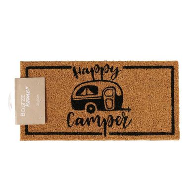 Kleine Fußmatte HAPPY CAMPER natur schwarz 50x25cm Camping Matte Kokos PVC